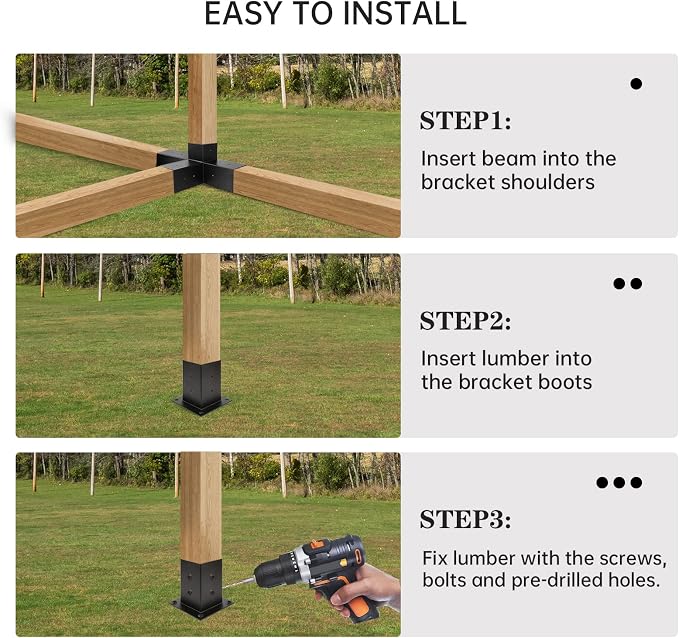 Pergola Kit, Pergola Brackets 4-Way Right Angle Corner Bracket Woodworks DIY Post Base Kit, Wooden Beams for Gazebos, Patio Pergolas, Log Cabin Outdoor Pergola Hardware for 4x4 Lumber