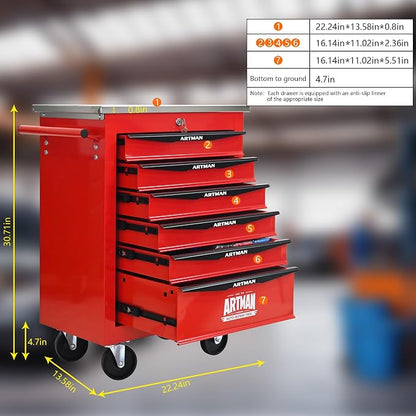 KEIKI 6 Drawers Tool Cart on Wheels,Multifunctional Rolling Tool Chest Tool Storage,Drawers Rolling Tool Trolley Organizer Tool Case for Garage, Warehouse, Workshop, Repair Shop (Red)