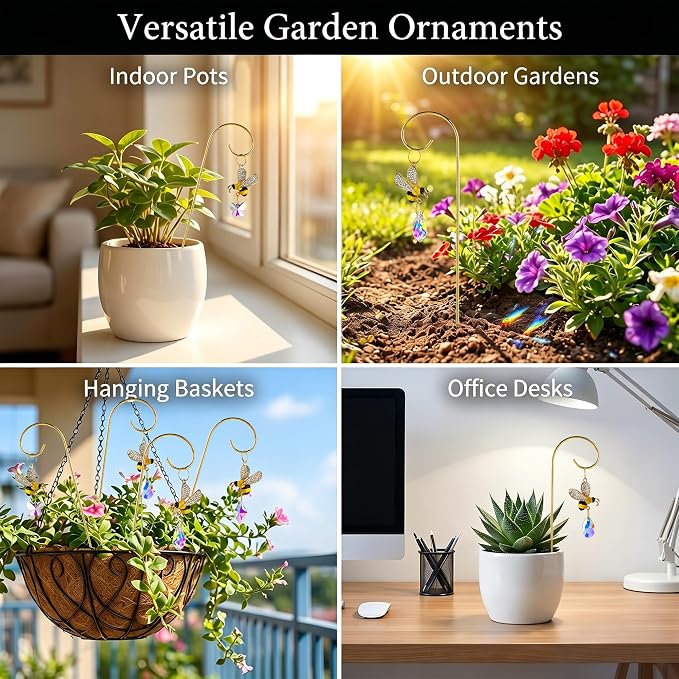 4pcs Bumble Bee Crystal Suncatchers with Small Trellis for Potted Plants | 7.5'' Indoor Plant Accessories,Sun Catchers,Garden Stakes For Houseplant,Bouquet Home Decor,Gift For Gardening Enthusiasts