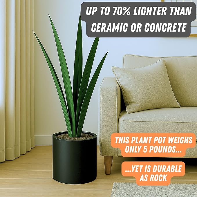 Fox & Fern Large Indoor Planter, Modern Large Plant Pot for Indoor or Outdoor, UV and Frost Resistant - 10 Inch, Matte Black Flower Pot with Drainage Plug, Lightweight