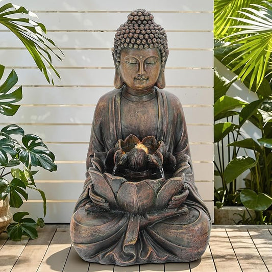 29" Zen Meditating Buddha Statue Outdoor Fountain with LED Lights | Zen Style Water Feature with Resin Lotus Soothing Cascading Waterfall for Patio, Backyard, Garden or Porch