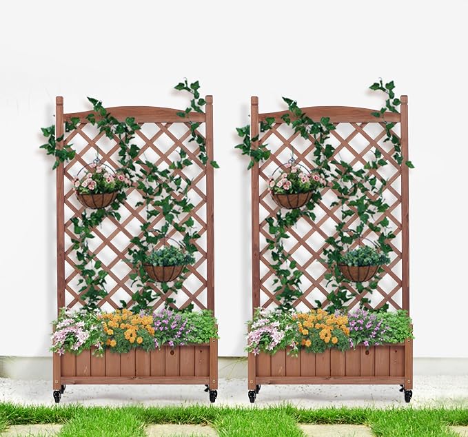Raised Garden Bed with Trellies 2 Pack, Outdoor Wooden Planter Box & Plant Stand with Climbing Racks