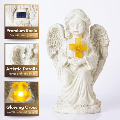 TIALLY Solar Angel Garden Statue with Glowing Cross – Large Angel Figurines with Soft Glow, Weatherproof Outdoor Statues for Memorial Decor, Yard, Lawn or Cemetery Use, Angels Gifts for Women