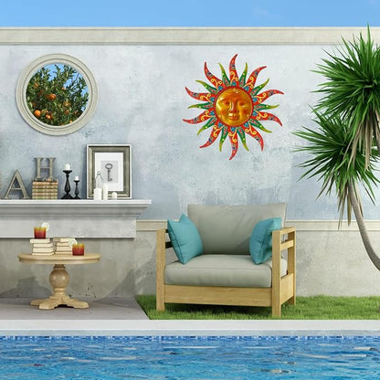 16 Inch Colorful Sun Face Metal Wall Decor, Indoor Outdoor Hanging Art for Farmhouse Patio Yard Bedroom