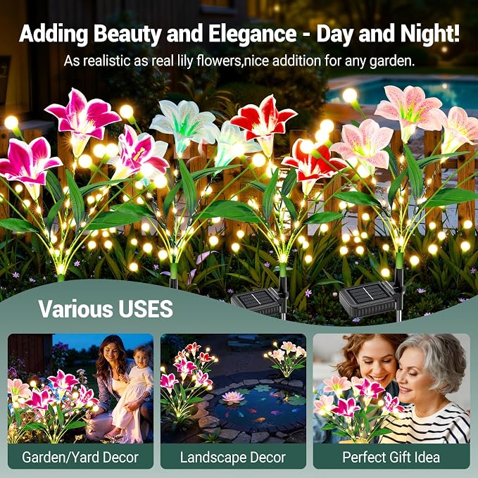 WdtPro Upgraded Solar Garden Lights Outdoor: 4 Pack 2-in-1 Solar Firefly Swaying Light with Lily Flower and Glowing Stem, Waterproof Garden Decor for Yard Patio Pathway Lawn, Gardening Gifts for Women