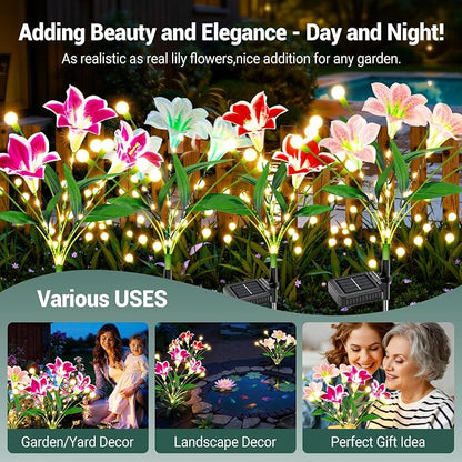 WdtPro Upgraded Solar Garden Lights Outdoor: 4 Pack 2-in-1 Solar Firefly Swaying Light with Lily Flower and Glowing Stem, Waterproof Garden Decor for Yard Patio Pathway Lawn, Gardening Gifts for Women