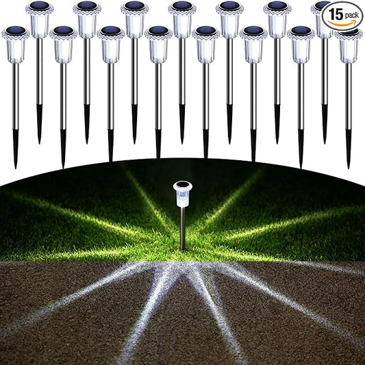 DenicMic Solar Pathway Lights Outdoor Waterproof Cold White LED 15 Pack | Yard Garden Driveway Walkway Landscape Path Lights, Starburst Pattern, Acrylic Diamond-like Lampshade Stainless Steel Pole