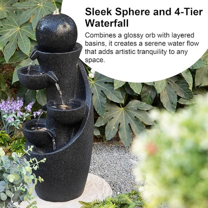 Glitzhome Outdoor Water Fountain with LED Light & Pump, Modern 5-Tier Bowl and Sphere Polyresin Outdoor Fountain, 33.5" Cascading Waterfall Fountain Water Feature for Porch Deck Patio Backyard Decor