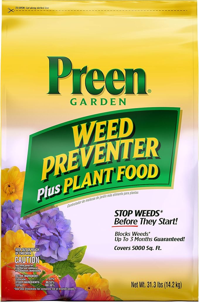 Preen Garden Weed Preventer Plus Plant Food 31.3 lb Bag, Covers 5,000 sq ft | Granular All Purpose Fertilizer with Pre Emergent Weed Control for Gardens – Prevents Weeds and Feeds Plants
