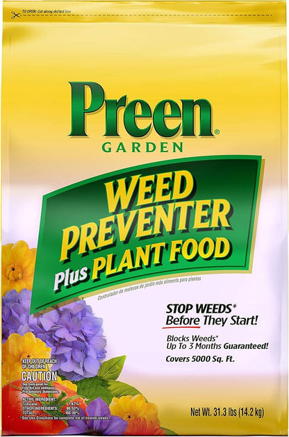 Preen Garden Weed Preventer Plus Plant Food 31.3 lb Bag, Covers 5,000 sq ft | Granular All Purpose Fertilizer with Pre Emergent Weed Control for Gardens – Prevents Weeds and Feeds Plants