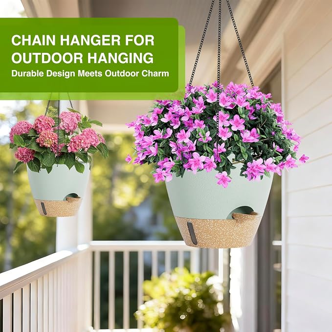 LEWESU Set of 2 Hanging Planters for Indoor Plants with Self Watering Includes Hanging Pots and 2 Types Plant Hangers, Outdoor Hanging Baskets Holder for Home Garden, 10 Inch Sage Green