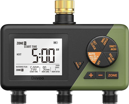 Diivoo Brass 3 Zone Sprinkler Timer, Programmable Hose Timers for Watering | Large Display, Rain Delay & Manual Mode, for Outdoor Automatic Irrigation of Garden, Lawn, Yard