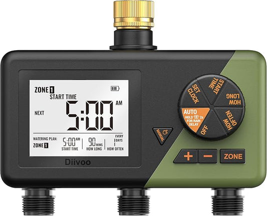Diivoo Brass 3 Zone Sprinkler Timer, Programmable Hose Timers for Watering | Large Display, Rain Delay & Manual Mode, for Outdoor Automatic Irrigation of Garden, Lawn, Yard