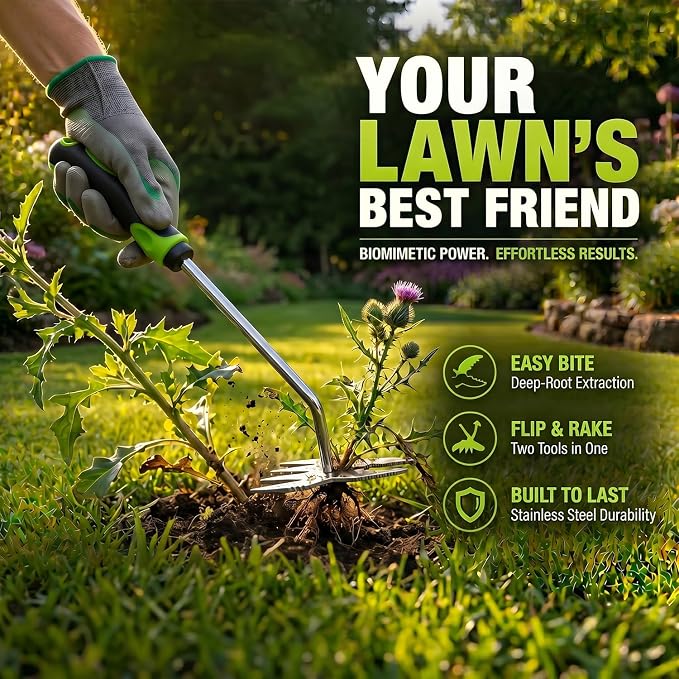Weed Puller Tool, 2-in-1 Hand Weeder and Root Remover, Heavy Duty Stainless Steel Weeding Tool for Deep Roots, Ergonomic Garden Weed Pulling Tool for Lawn and Yard - Green