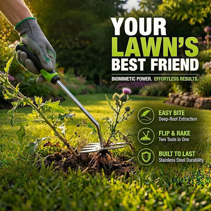 Weed Puller Tool, 2-in-1 Hand Weeder and Root Remover, Heavy Duty Stainless Steel Weeding Tool for Deep Roots, Ergonomic Garden Weed Pulling Tool for Lawn and Yard - Green