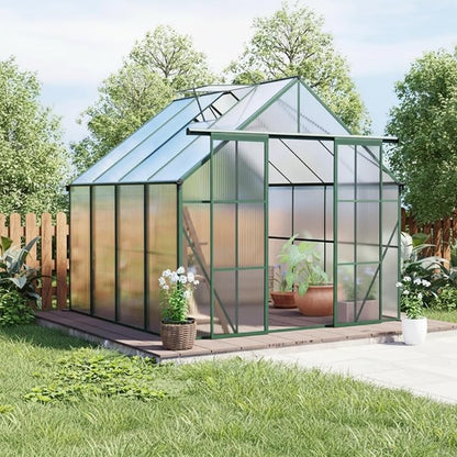 8x8 FT Greenhouse, Walk-in Polycarbonate Greenhouses with Double Sliding Doors, Aluminum Frame, Adjustable Roof Vent, Raised Base & Anchor, Outdoor Backyard Greenhouse for All Seasons, Green