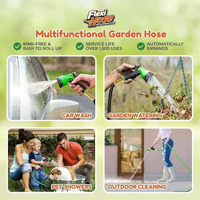 Flexi Hose Plus Expandable Garden Hose with 8 Function Nozzle, 50FT - Lightweight Retractable Garden Hose, Water Hose - No-Kink Flexibility, 3/4 Inch Solid Brass Fittings Includes Hook & Bag