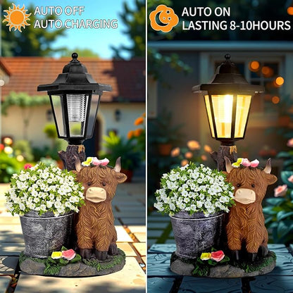 Solar Highland Cow Outdoor Garden Statues with Flowerpot & Lantern Decor | Highland Cow Figurine for Yard Art Lawn Ornaments Porch Patio Balcony - Birthday Gifts for Women Mom