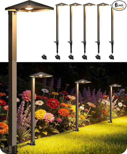 EDISHINE Low Voltage Landscape Lighting, Landscape Path Lights with Pyramid Exterior, Aluminum, 3000K & 50000Hrs, Outdoor Pathway Lights Wired for Garden, Yard, Driveway, 6 Pack