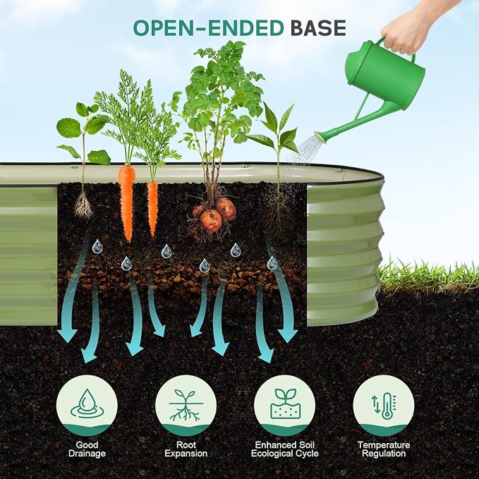Galvanized Raised Garden Bed - 8×2×1.4ft Planter Raised Beds for Gardening | Oval Metal Garden Planter Box with Safety Edging and Gloves for Vegetables Fruits and Flower OliveGreen