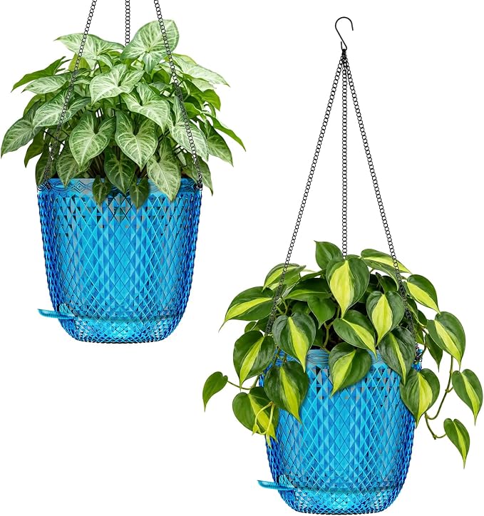 QCQHDU 5.7 Inch 2 Pack Small Hanging Planters for Indoor Outdoor Plants,Self Watering Flower Pots Hanging Basket Plant Hanger with Drainage Holes and 3 Hooks for Window Porch Garden Balcony, (Blue)