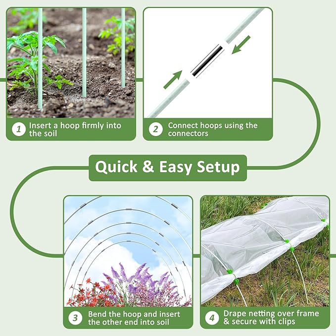 Greenhouse Hoops for Raised Beds, 36pcs Rust-Free Fiberglass | Garden Hoops Grow Tunnel Wide, 8FT Heavy Duty Plant Support Hoops with Flush Connectors & 24pcs Clips for Netting Row Cover