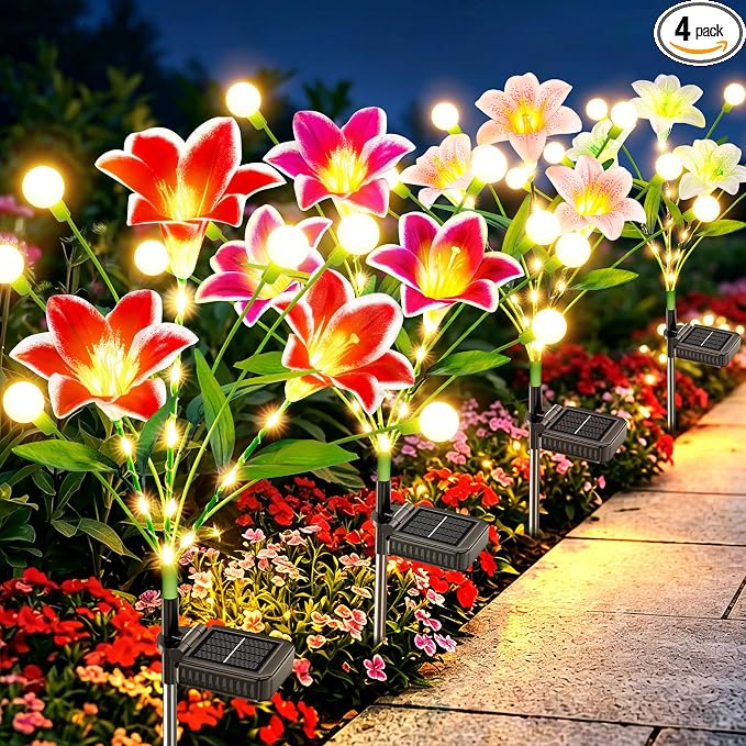 Upgraded Solar Garden Lights Outdoor: 4 Pack 2-in-1 Solar Lily Flower Lights with Swaying Firefly Lights & Glowing Stems, Brighter Waterproof Solar Garden Decor for Yard Patio, Unique Gifts