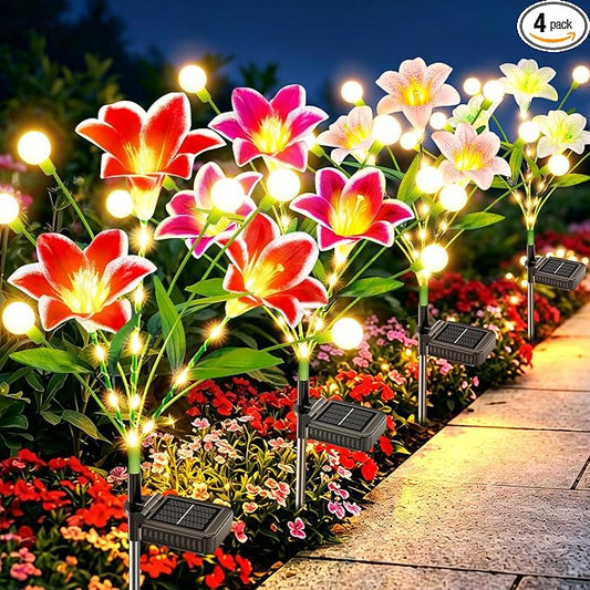 Upgraded Solar Garden Lights Outdoor: 4 Pack 2-in-1 Solar Lily Flower Lights with Swaying Firefly Lights & Glowing Stems, Brighter Waterproof Solar Garden Decor for Yard Patio, Unique Gifts