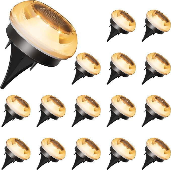 VOLISUN Mini Solar Pathway Lights Outdoor,16 Pack Flat Solar Ground Lights,IP67 Waterproof Solar Powered Disc Lights,Landscape Lighting for Garden Yard Walkway Luces Patio Driveway,Warm White