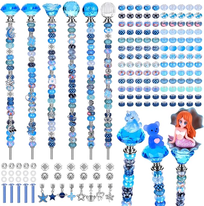 AIPRIDY DIY Crystal Beaded Fairy Wand Garden Stakes Kit, Colorful Decorative Wands with Assembly Guide, 12 or 10 Inch Threaded Rods,Outdoor Garden Decoration Set (158, Aqua+Hybrid Top)
