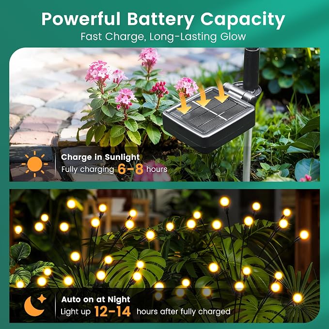 Solar Garden Lights, LED Swaying Solar Lights Outdoor Waterproof, Warm White Firefly Outdoor Decorative Lights, Garden Decor, Yard, Patio, Pathway Decoration Gardening Gifts (4 Pack)