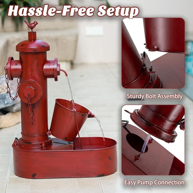 2-Tier Outdoor Water Fountain, 27" Heavy-Duty Metal Garden Fountains | Rustic Waterfall with Pumb & Debris Filter Screen, Rustproof Fire Hydrant Soothing Water Flow for Patio Yard Porch Decor