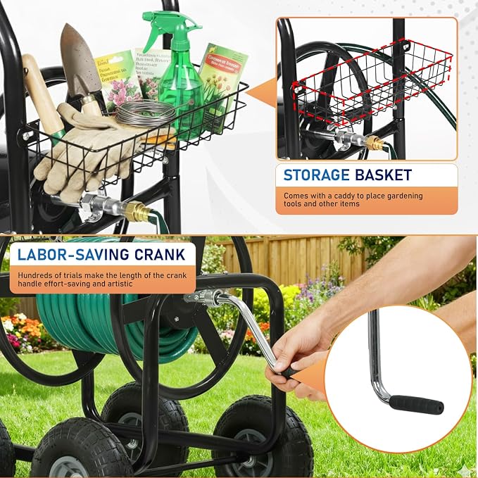 FDW Garden Hose Reel Cart, Water Hose Cart with 4 Wheels, Hold Up to 300 ft of 5/8’’ Hose，Heavy Duty Powder-Coated Steel Planting with Storage Basket, for Garden, Yard and Lawn