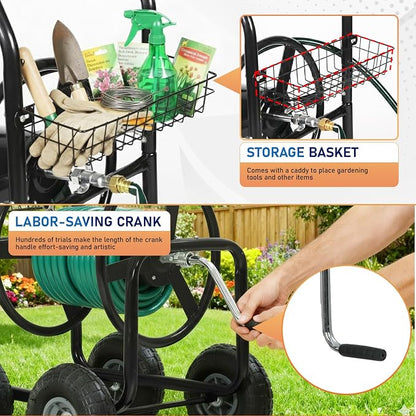 FDW Garden Hose Reel Cart, Water Hose Cart with 4 Wheels, Hold Up to 300 ft of 5/8’’ Hose，Heavy Duty Powder-Coated Steel Planting with Storage Basket, for Garden, Yard and Lawn