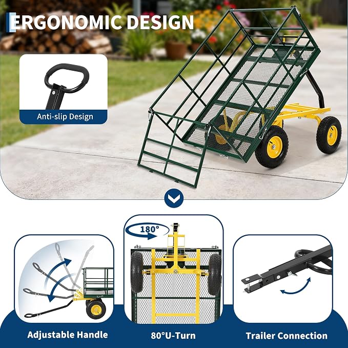 Heavy Duty 1500 Lbs Capacity Mesh Steel Garden Cart Folding Utility Wagon with Removable Sides, Garden Cart on Wheels for Gardening Soil, Tools, and Plant Transport
