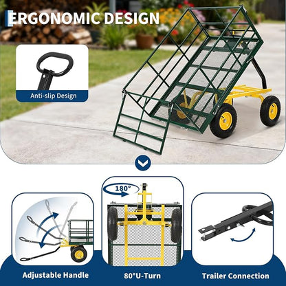 Heavy Duty 1500 Lbs Capacity Mesh Steel Garden Cart Folding Utility Wagon with Removable Sides, Garden Cart on Wheels for Gardening Soil, Tools, and Plant Transport