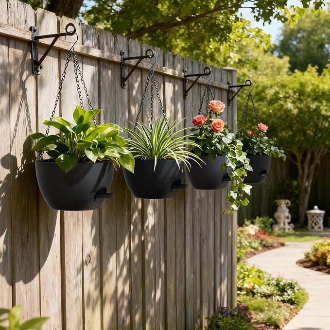 UOUZ 4 Pack 8 Inch Self Watering Hanging Planters for Indoor Outdoor Plants，Hanging Pots for Plants with Drainage Removable Tray, Hanging Baskets Flower Pots for Ivy Pothos Spider Garden Porch Black
