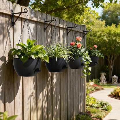 UOUZ 4 Pack 8 Inch Self Watering Hanging Planters for Indoor Outdoor Plants，Hanging Pots for Plants with Drainage Removable Tray, Hanging Baskets Flower Pots for Ivy Pothos Spider Garden Porch Black