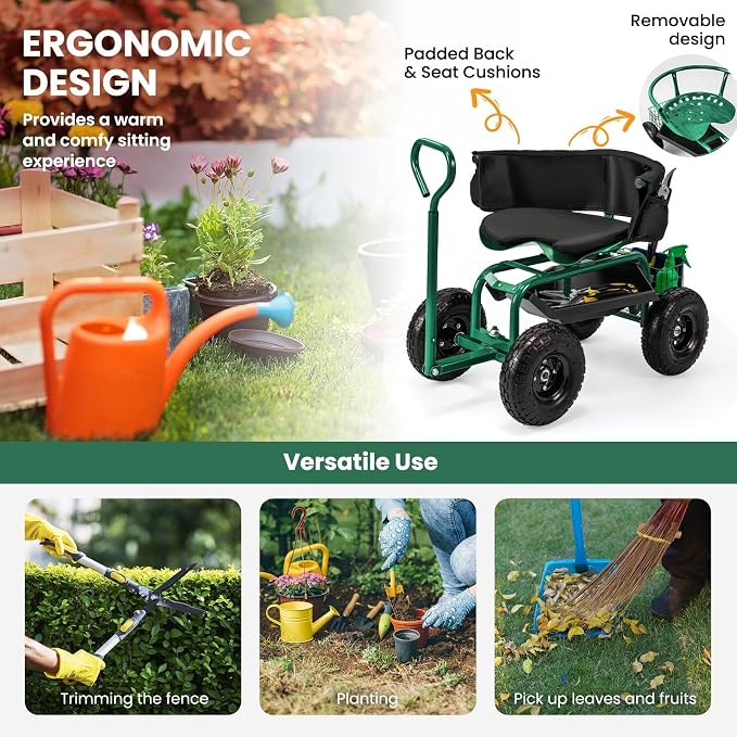 ERGOMASTER Rolling Garden Seat with Wheels, Adjustable 360° Swivel Workseat and Storage Basket, Extendable Handle, Outdoor Gardening Wagon Scooter, Green