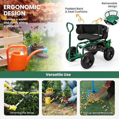 ERGOMASTER Rolling Garden Seat with Wheels, Adjustable 360° Swivel Workseat and Storage Basket, Extendable Handle, Outdoor Gardening Wagon Scooter, Green