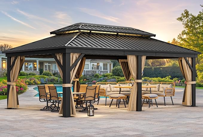 YITAHOME 12x20ft Gazebo Double Roof Hardtop Canopy Outdoor Heavy Duty w/Nettings and Curtains, Upgraded Aluminum Column Galvanized Steel Vertical Stripes Roof for Patio, Backyard, Deck, Lawns, Brown