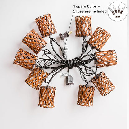 Decorative String Lights Plug in with 10 Incandescent Bulbs, Handwoven Rattan Cylinder-shaped Boho Lantern String Lights Connectable Weatherproof Outdoor Indoor for Bedroom Patio Pergola Decor (Brown)