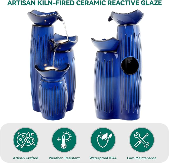 30" H Ceramic Outdoor Water Fountain with Lights, 3-Tier Lotus Bowls | Minimalist Geometirc Water Feature, Cobalt Blue Glaze, Fluted Texture, Cascading Waterfall for Relaxing Garden Patio Yard