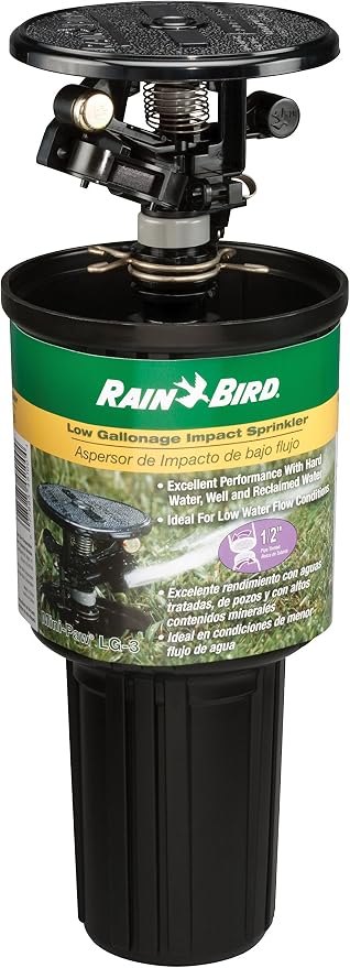 Rain Bird LG-3 Low Gallonage Pop-up Impact Lawn Sprinkler, Adjustable 20° - 360° Pattern, 26' - 36' Spray Distance
