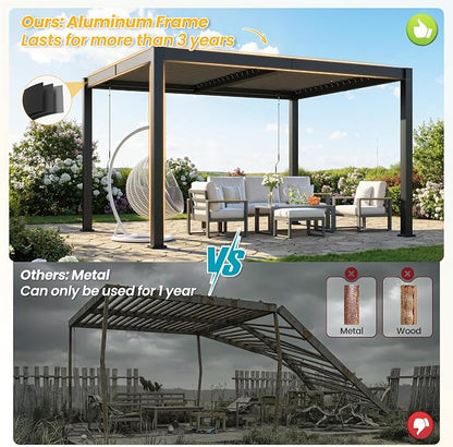 Louvered Pergola, 10' x 12' Outdoor Pergola, Aluminum Frame Patio Gazebo with Adjustable Louvers Roof and Integrated Gutter System, Outdoor Hardtop Gazebo for Patio, Backyard, Deck, Garden, Dark Gray