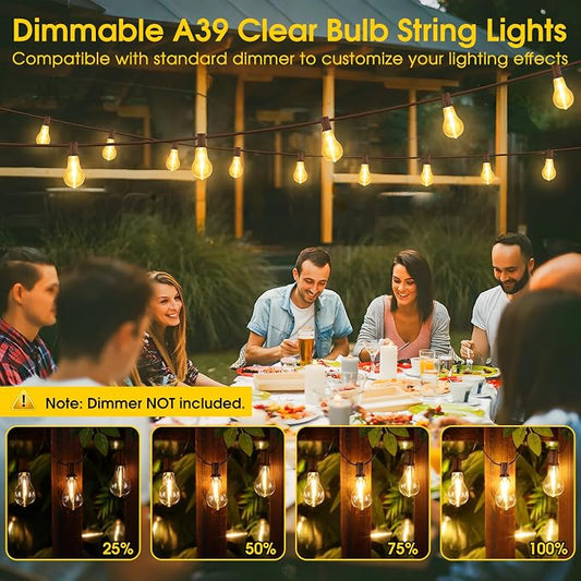 Larkvue 100FT LED Outdoor String Lights, 32 Shatterproof A39 Bulbs, Brown | Plug-in, Waterproof, Linkable, Warm White, Dimmable, for Balcony Backyard Bistro Pergola, Dimmer not Included