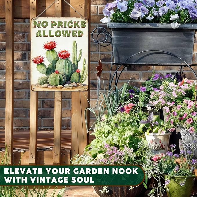PEACHGARDEN Cactus Deocr Garden Signs No Pricks Allowed Southwestern Metal Tin Sign Cactus Wall Art Decor for Outdoor Garden Yard Greenhouse 12x16 inch