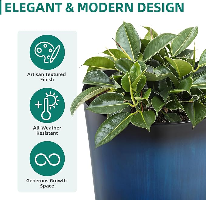 Autodaya 23.8" Tall Planters Set of 2, Large Plastic Plant Pots with Artistic Floating Cobalt Blue Glaze, UV-Resistant Lightweight PP Flower Pots for Outdoor Indoor Plants, Garden, Patio, Deck, Porch | Artistic Floating Cobalt Blue Glaze, Lightweight U...