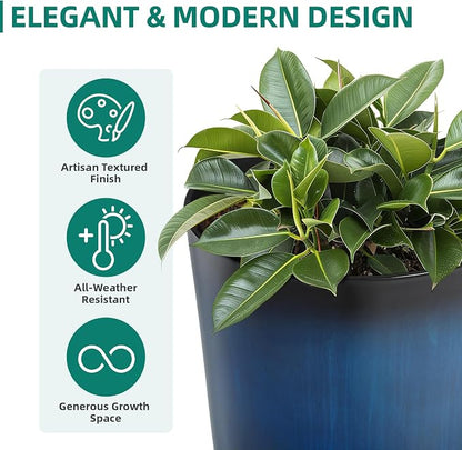 Autodaya 23.8" Tall Planters Set of 2, Large Plastic Plant Pots with Artistic Floating Cobalt Blue Glaze, UV-Resistant Lightweight PP Flower Pots for Outdoor Indoor Plants, Garden, Patio, Deck, Porch | Artistic Floating Cobalt Blue Glaze, Lightweight U...