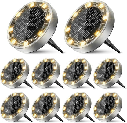 10 Pack Solar Ground Lights Outdoor, 8 LED Mini Flat Solar Disc Lights, IP65 Waterproof Pathway Lights Solar Powered, Landscape Lighting for Garden Walkway Driveway Yard Lawn,Warm White